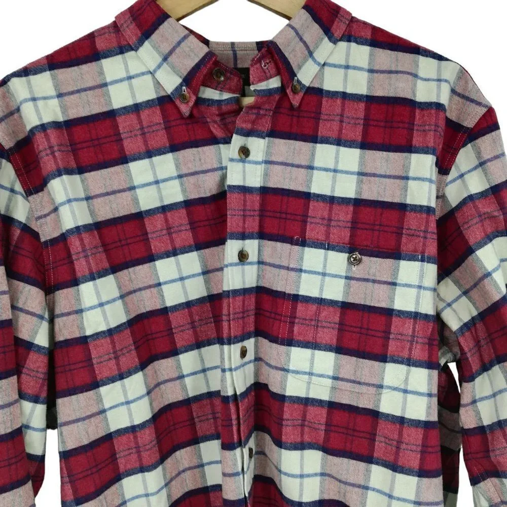 J Crew Flannel Plaid Chamois Elbow Patch Button Up Shirt Size L Red Blue Preppy